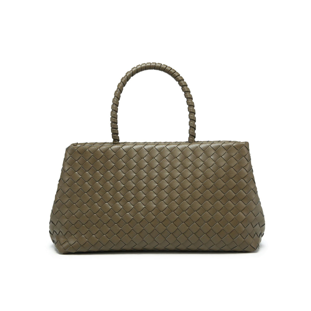 woven leather top-handle bag with gold X detail – AUREGIP