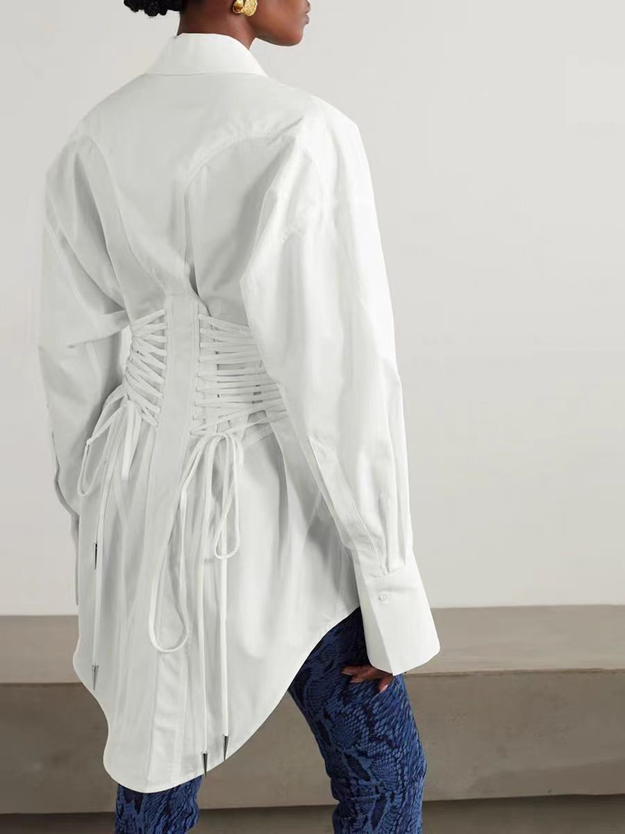 long-sleeve white shirt with ruched corset waist – ESME