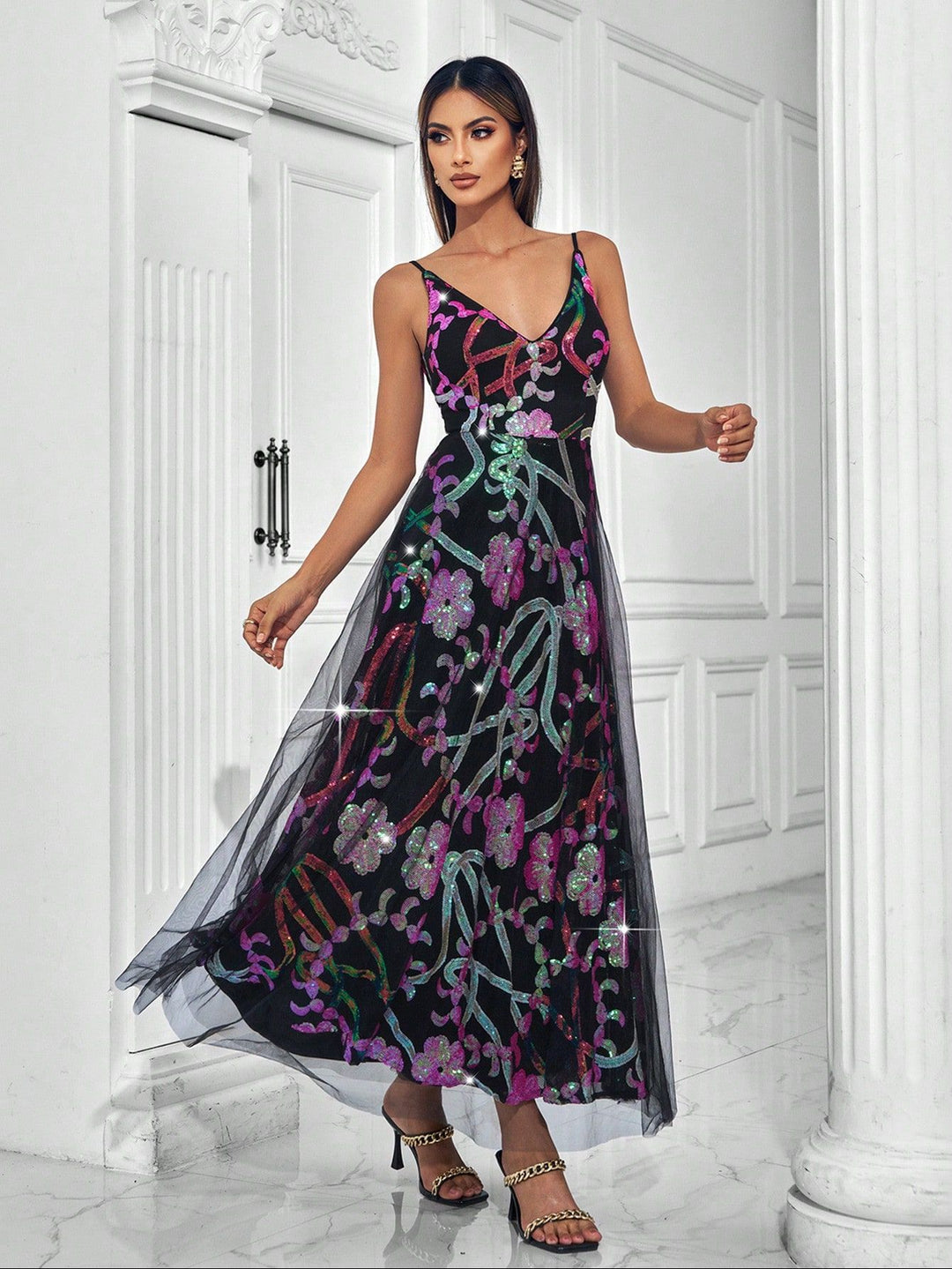 sleeveless tulle gown with multicolor sequin florals – AURONDA