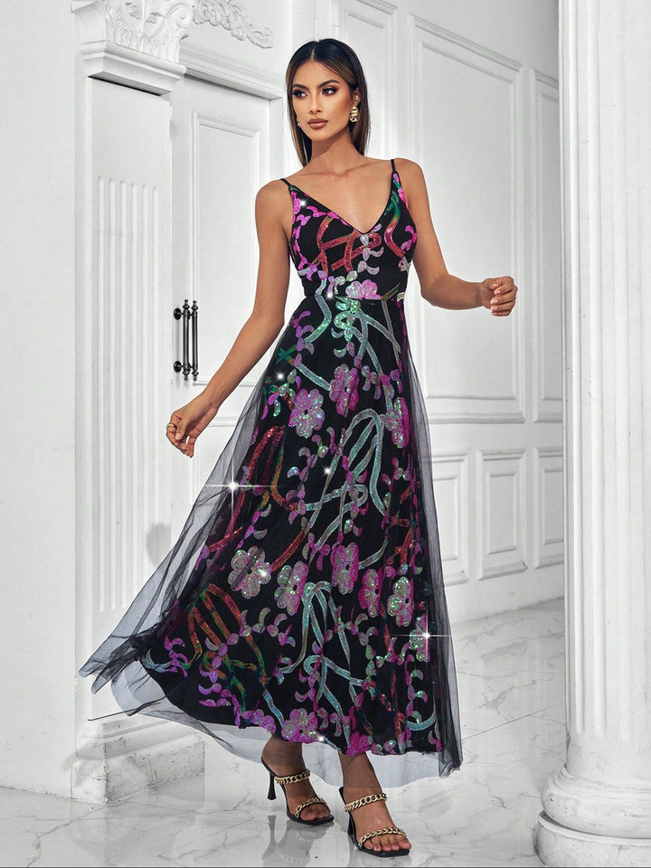 sleeveless tulle gown with multicolor sequin florals – AURONDA