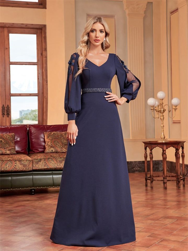 chiffon-sleeve evening gown with beaded waist – MIDNIGHT POISE