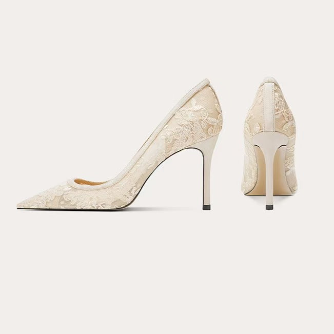 lace mesh stiletto pumps with floral embroidery – SERENAQIZ