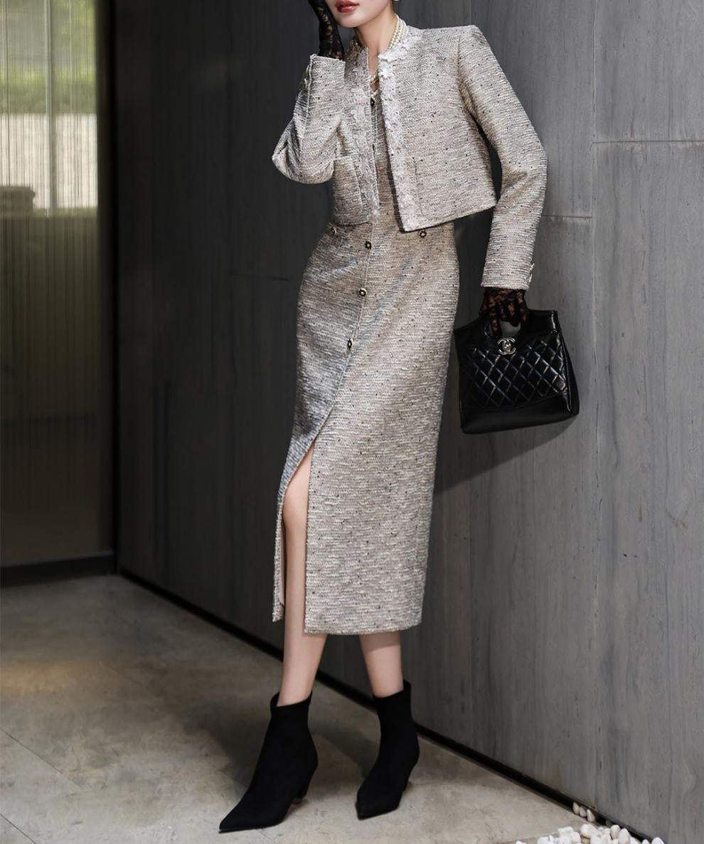 فستان تويد متوسط ​​الطول مع جاكيت قصير – أستوريا