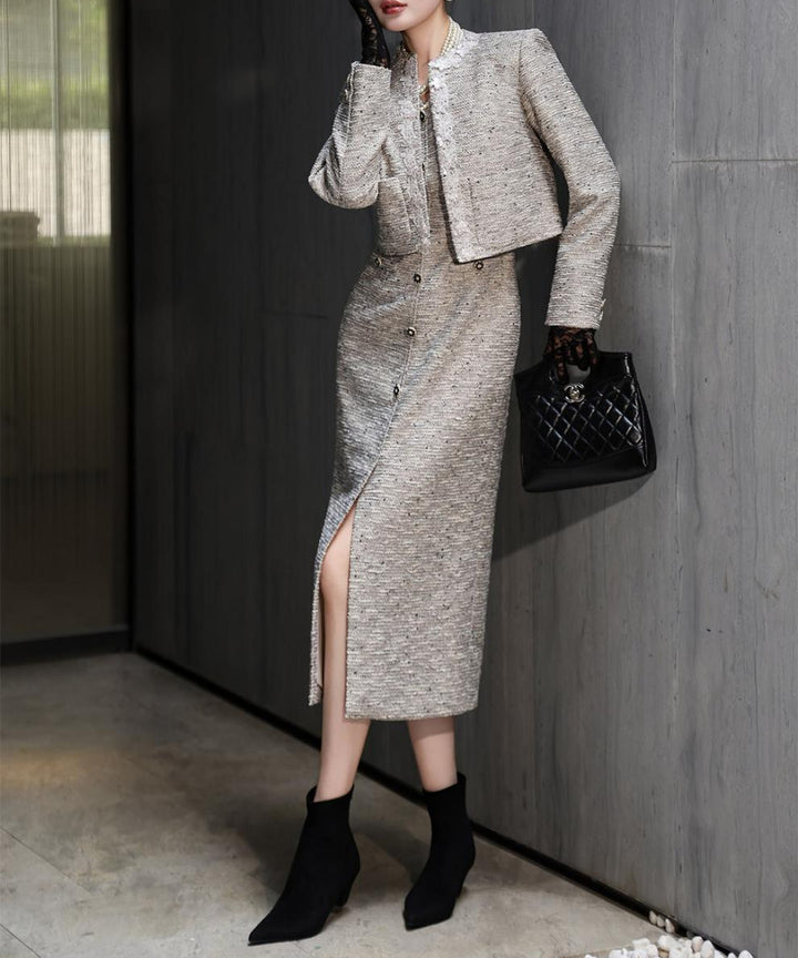 فستان تويد متوسط ​​الطول مع جاكيت قصير – أستوريا