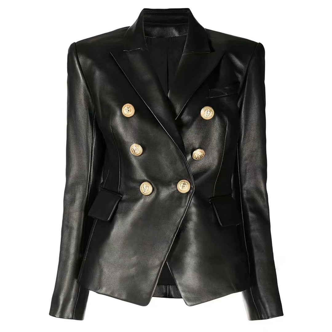 double-breasted leather jacket with gold buttons – AURORANA