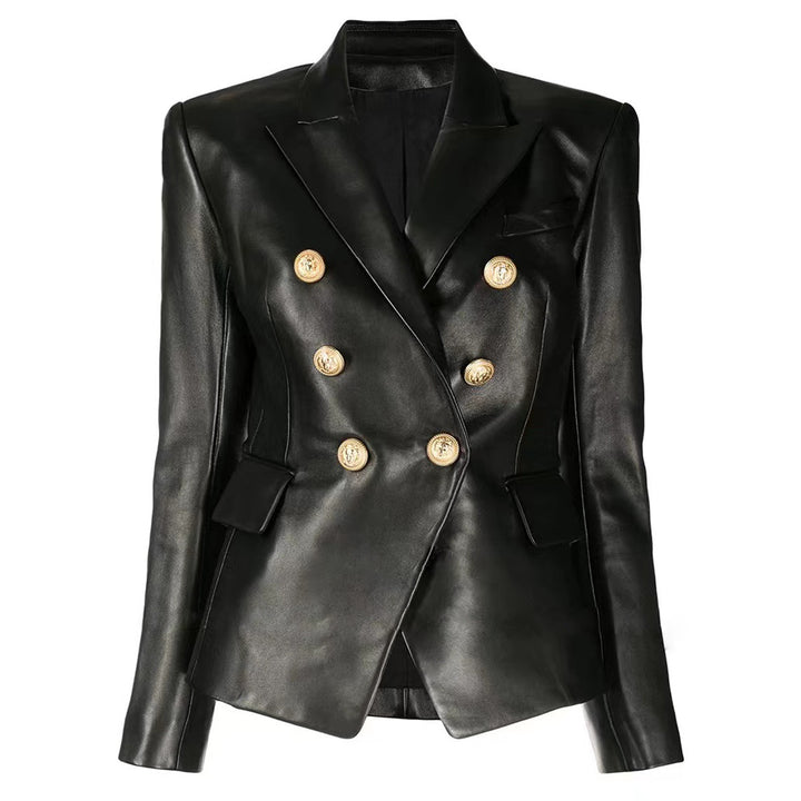 double-breasted leather jacket with gold buttons – AURORANA