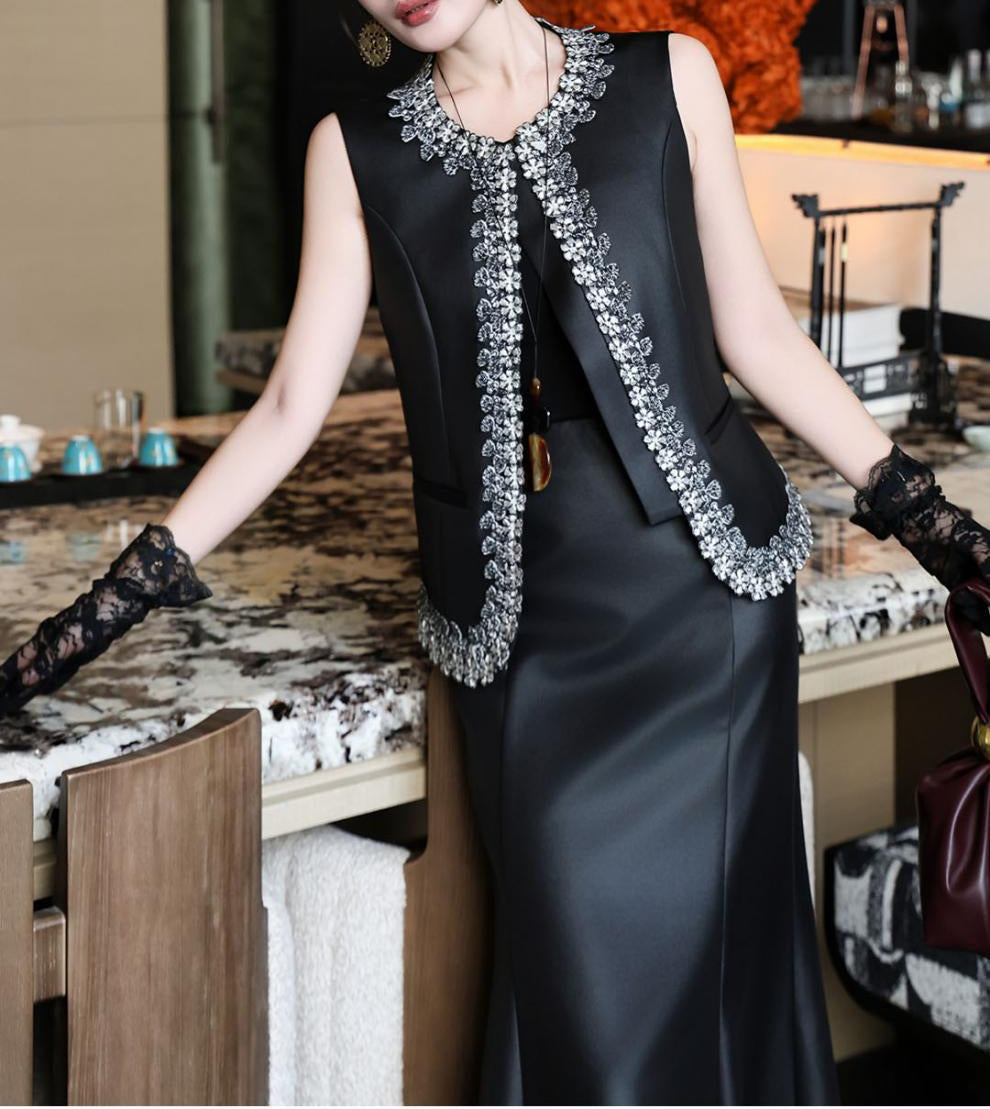 sleeveless tailored dress with embellished open-front vest – DARIYAH