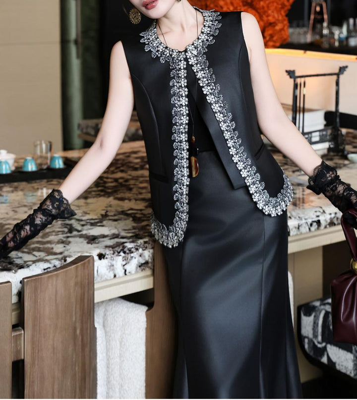 sleeveless tailored dress with embellished open-front vest – DARIYAH