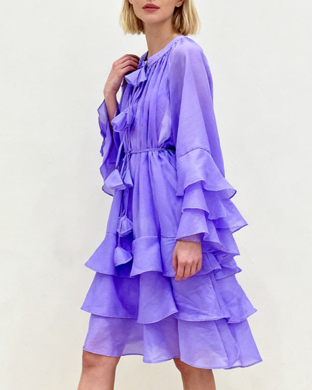 layered ruffle chiffon dress with tie neckline – AURORADI