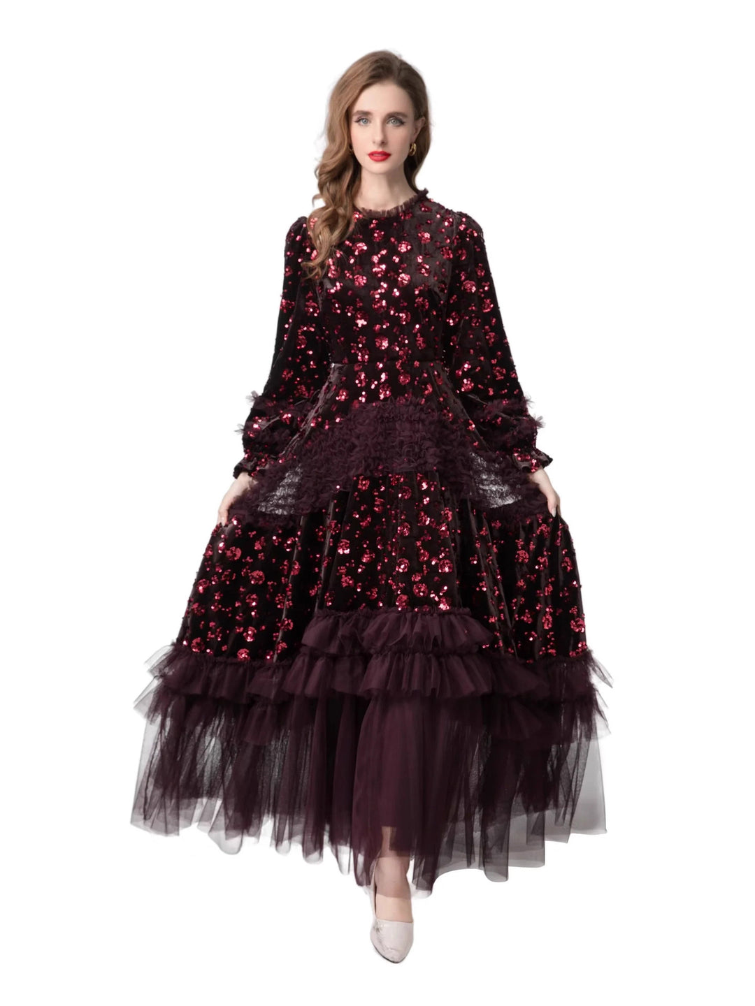 فستان مخملي مزين بالترتر مع حاشية من التول متعدد الطبقات – مارسيلينا