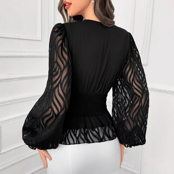 V-neck blouse with sheer textured sleeves – NOIRIA