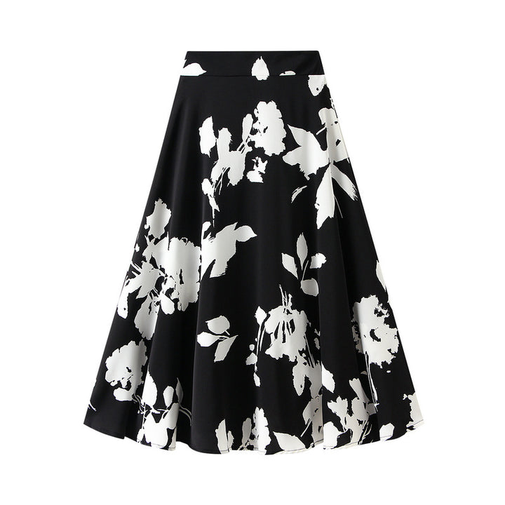 floral A-line midi skirt with monochrome print – ELARA