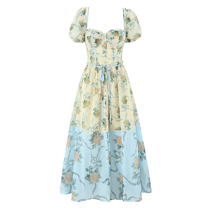 puff-sleeve corset dress with layered floral skirt – AKIALZU