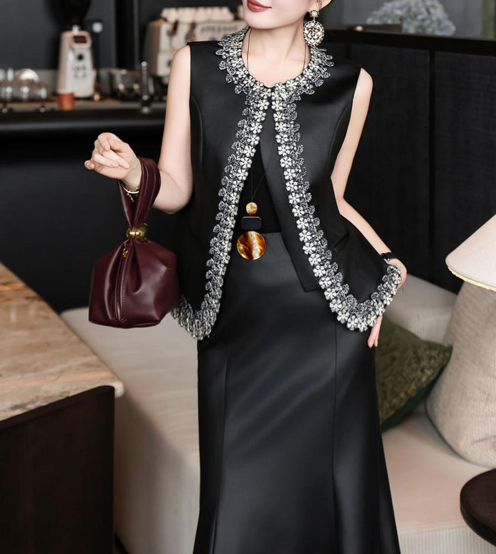 sleeveless tailored dress with embellished open-front vest – DARIYAH