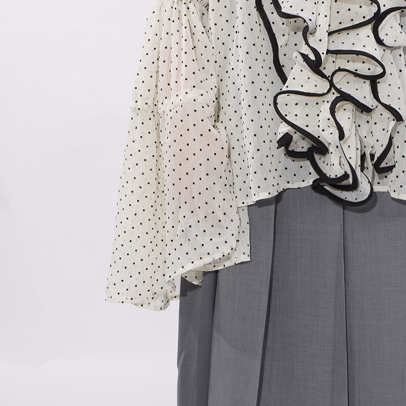 ruffled sheer polka dot blouse with contrast trim – ELARA