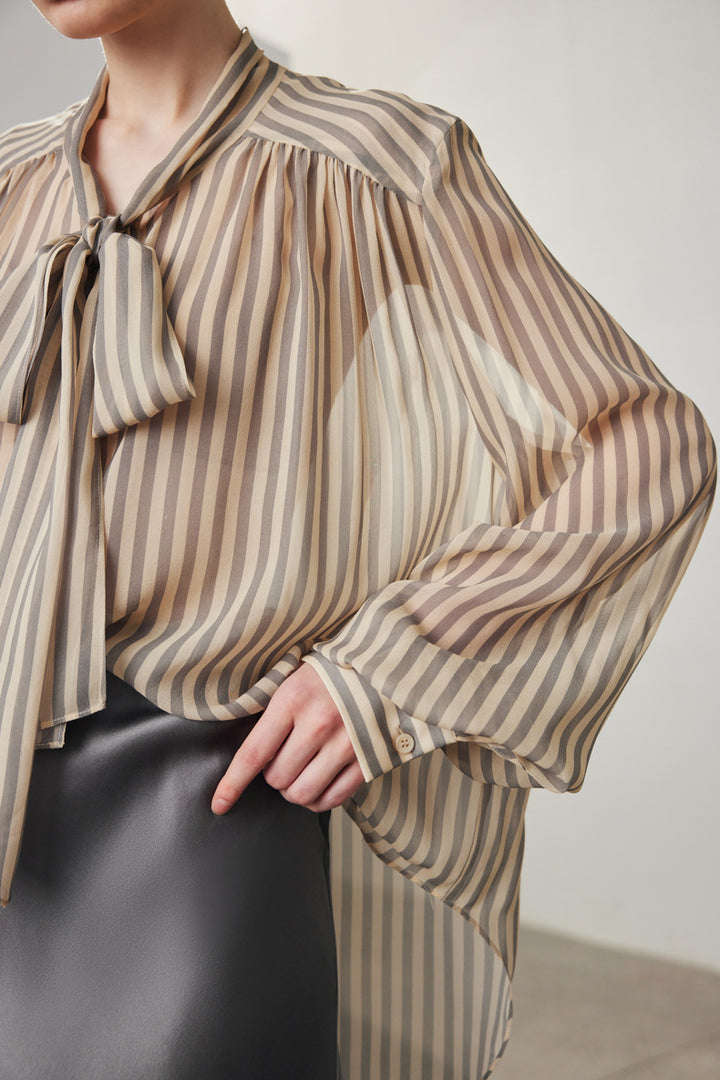 sheer striped blouse with tie-neck bow – VELORA