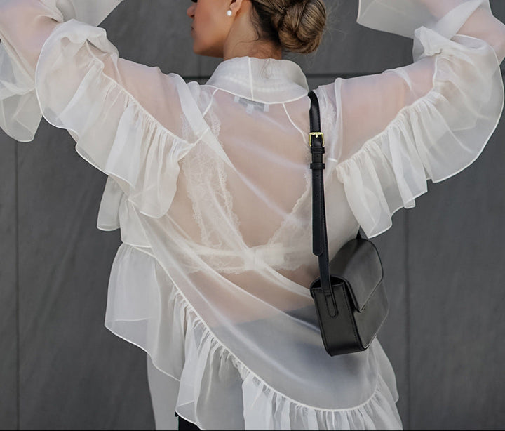 sheer ruffle-sleeve blouse with cascading ties – ELYSIA