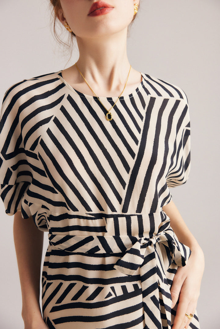Geometric Stripe Midi Dress with Waist Tie – LUXE