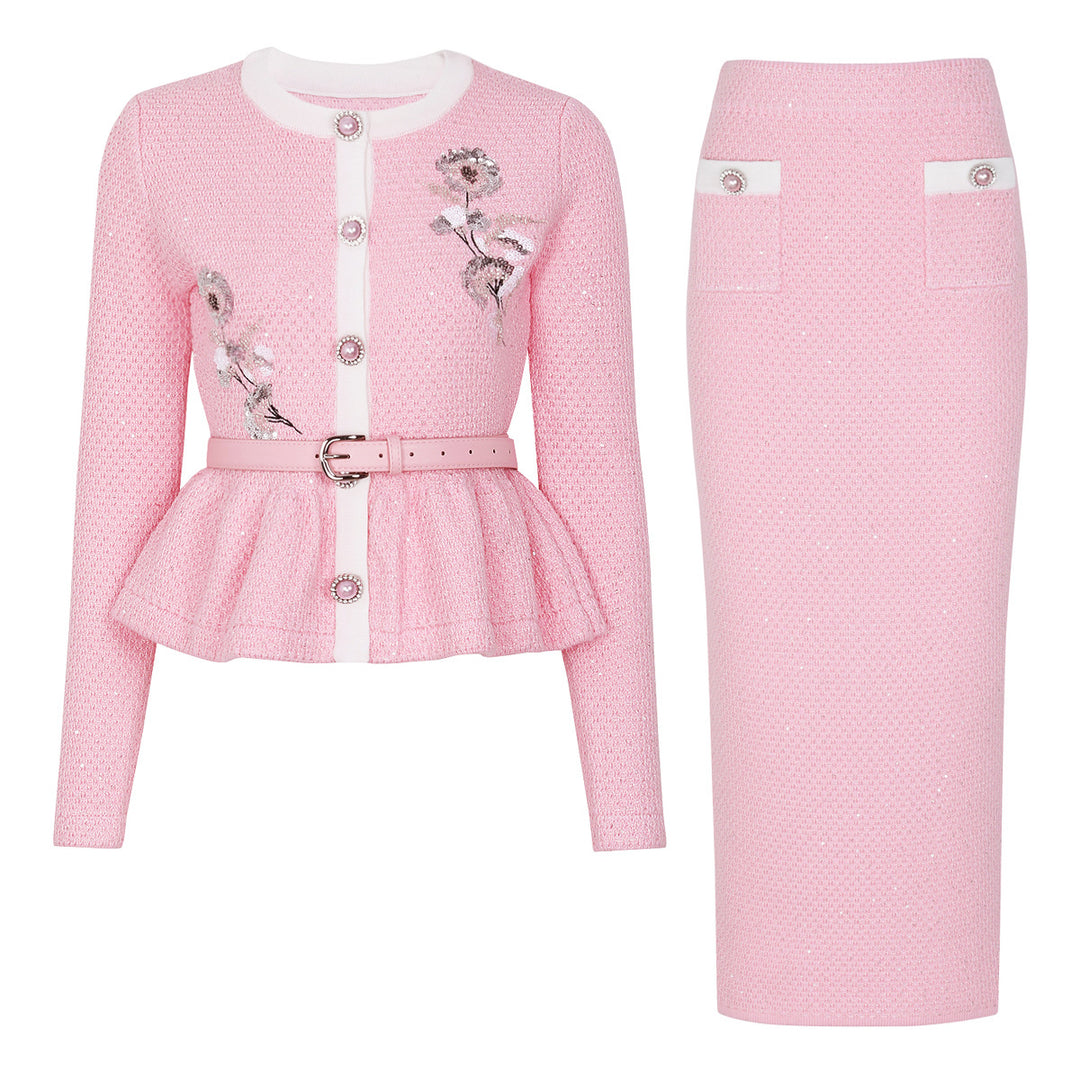 Embellished Knit Cardigan & Midi Skirt Set – KAREM