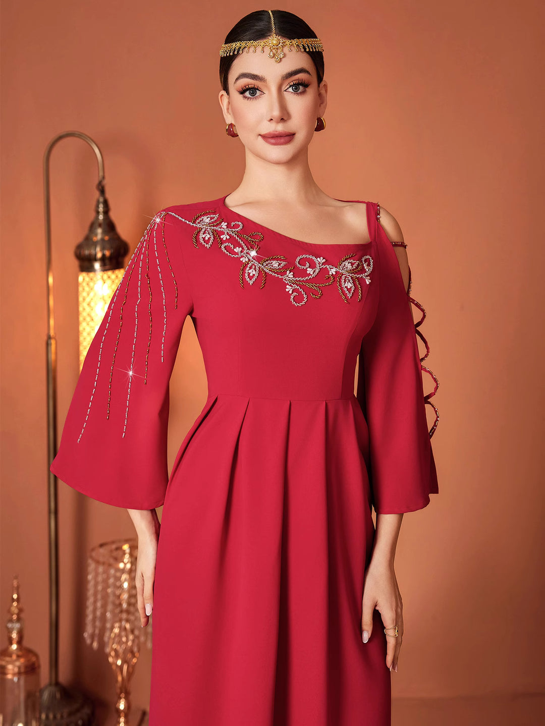 flare-sleeve A-line dress with embellished neckline - RUBINA