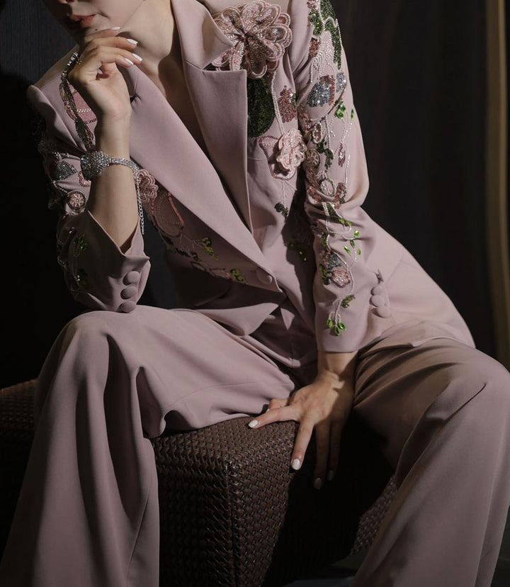 embroidered tailored blazer set with wide-leg pants – BLUSH ROSE