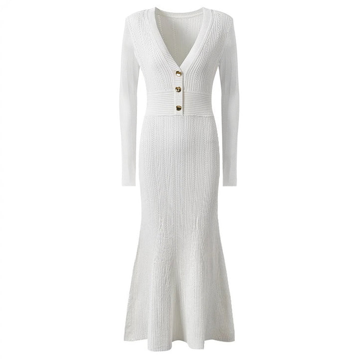 فستان حورية البحر محبوك بأكمام طويلة ورقبة على شكل حرف V بأزرار – إلاراني