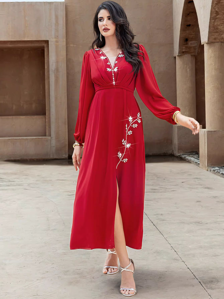 fluid draped evening dress with elongated silhouette – VELORA