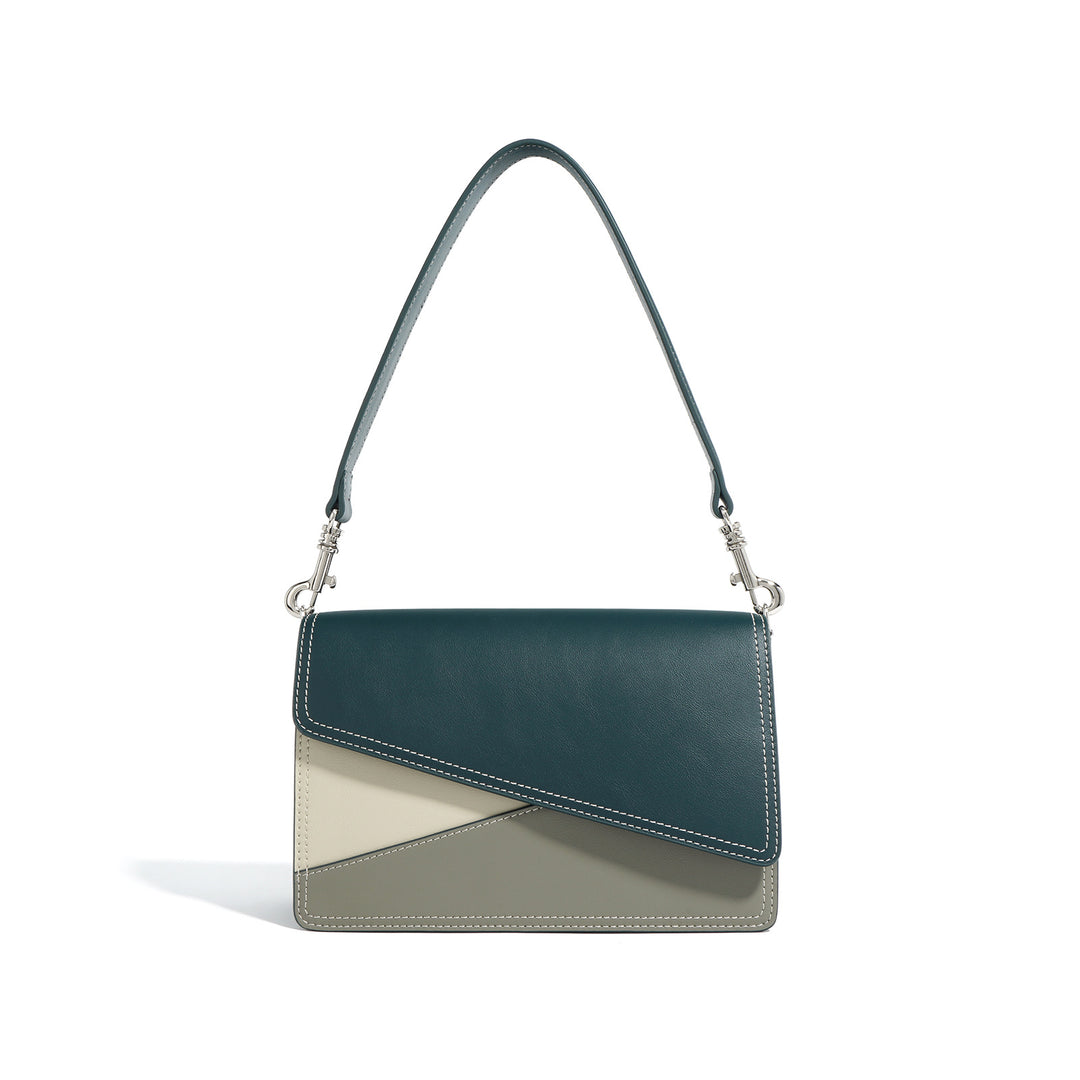 asymmetrical flap shoulder bag in two-tone vegan leather - ELLA