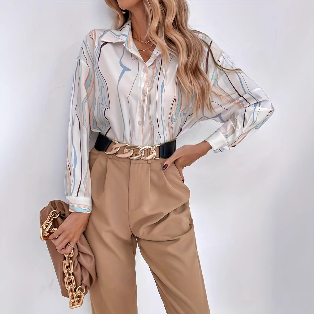 Printed longline blouse with abstract flow lines – NONA