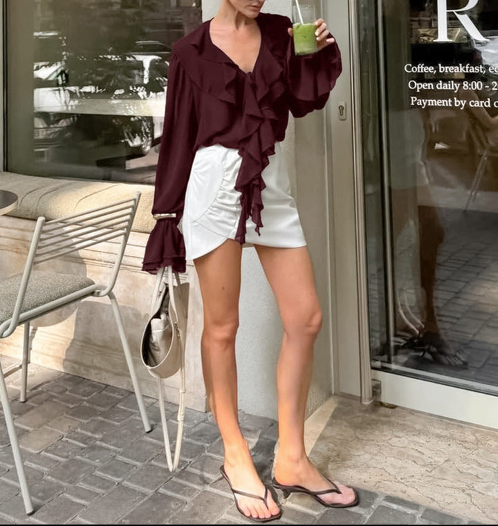 ruffled V-neck chiffon blouse with cascading layers – JULIETTE