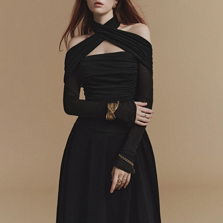 Geplooide top met uitlopende mouwen en maxi-rok set met tailleband – Rosiny 