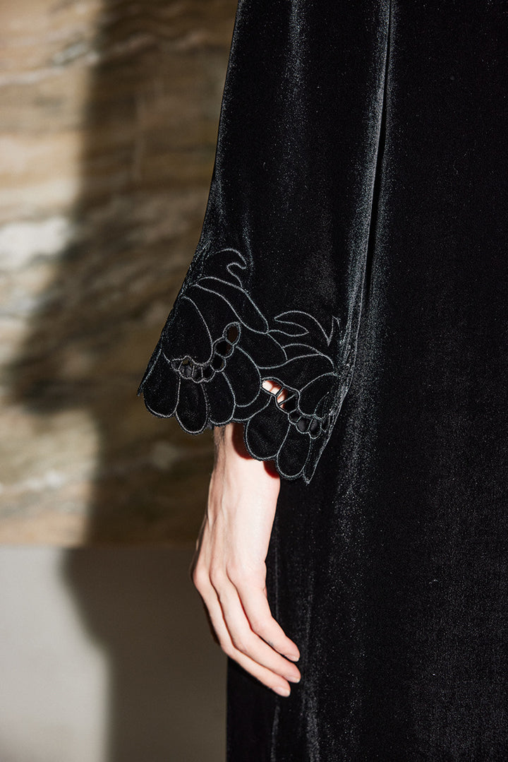 Velvet Midi Dress with Embroidered Hem – GAMAL