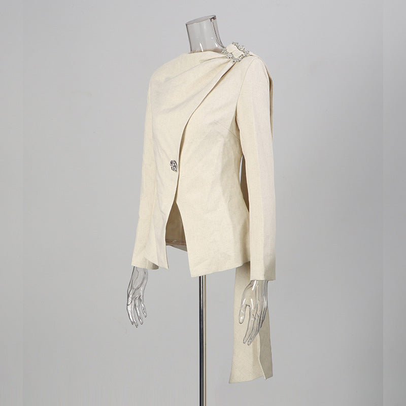 asymmetric draped blazer with crystal shoulder detail – IVORYA