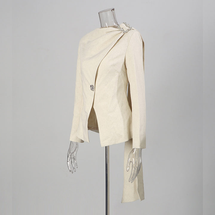 asymmetric draped blazer with crystal shoulder detail – IVORYA