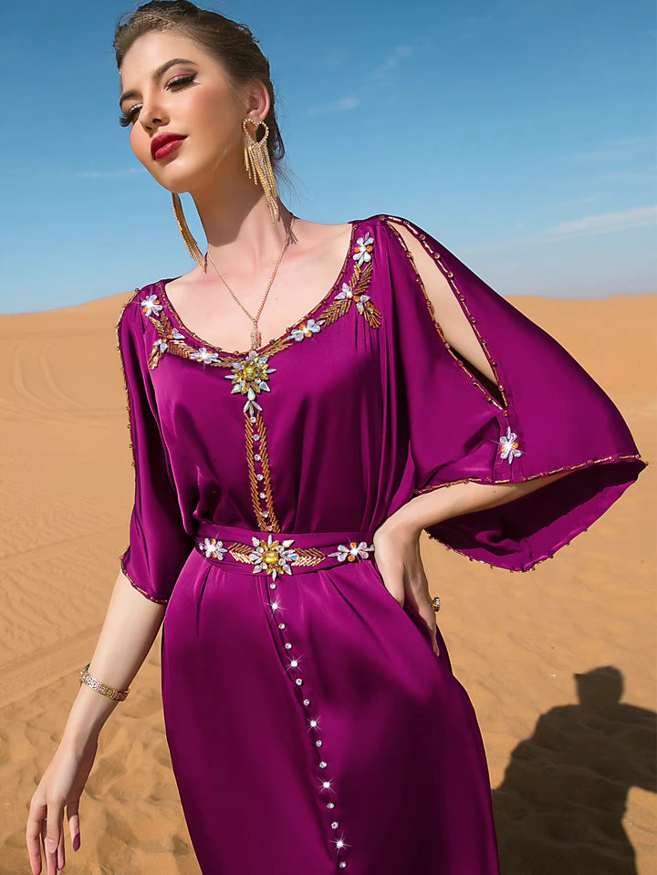 فستان ميدي غير متماثل بأكمام طويلة وياقة عالية - لون الزمرد