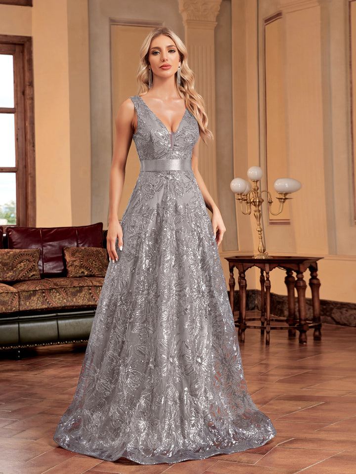 sleeveless V-neck sequin gown with satin waistband – CELESTE