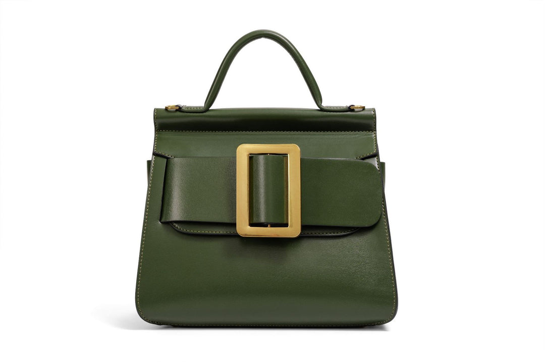 structured leather top-handle bag with oversized buckle – AURIKLA