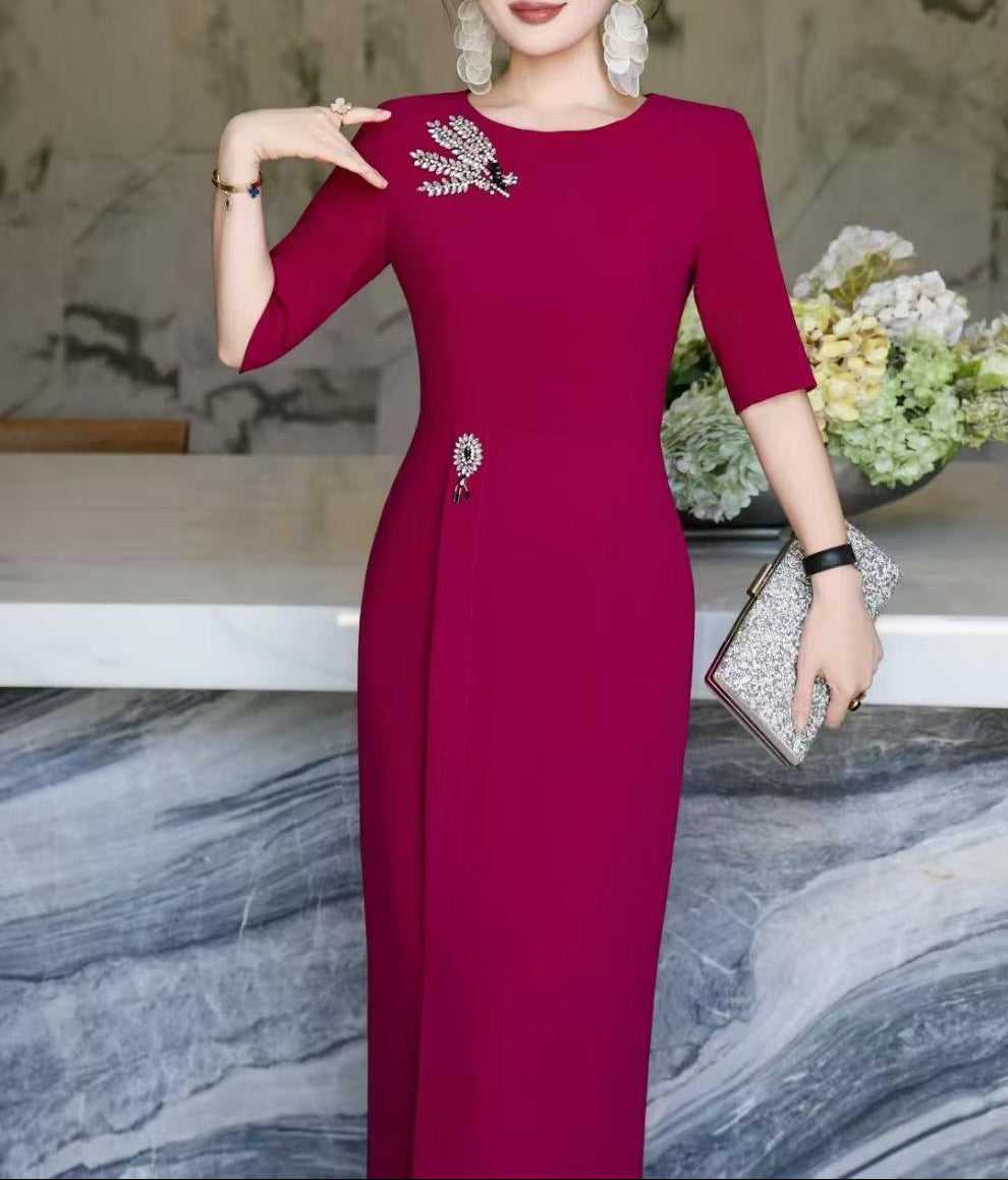 elegant column dress with crystal brooch accents – AMIRA