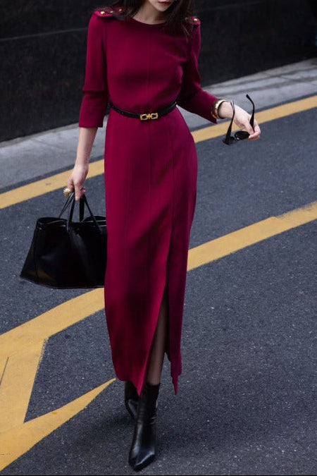 elegant shoulder-button column dress with front slit – NOIR