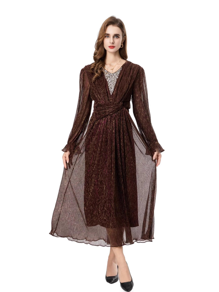 فستان شيفون معدني مطوي مع خصر ملفوف – أديليا