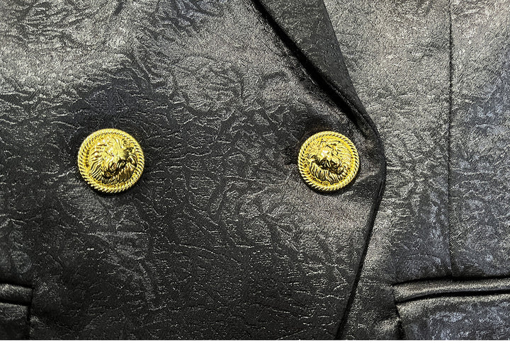 textured double-breasted blazer with gold crest buttons – EMPRESS