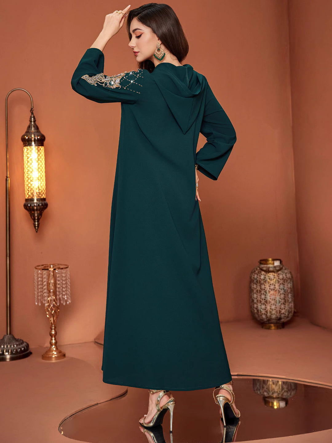 flared sleeve kaftan dress with embellished appliqués - AMIRZANU