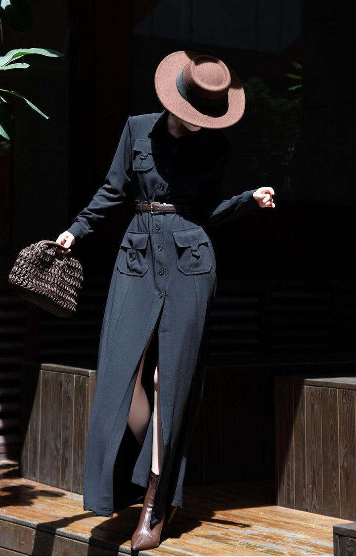 button-down military maxi dress with belted waist – NOIRE