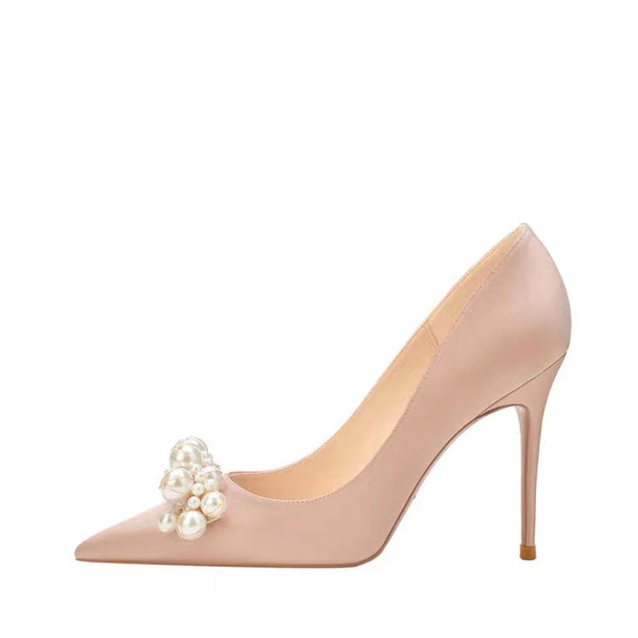satin pointed-toe heels with crystal leaf embellishment – SERENATA