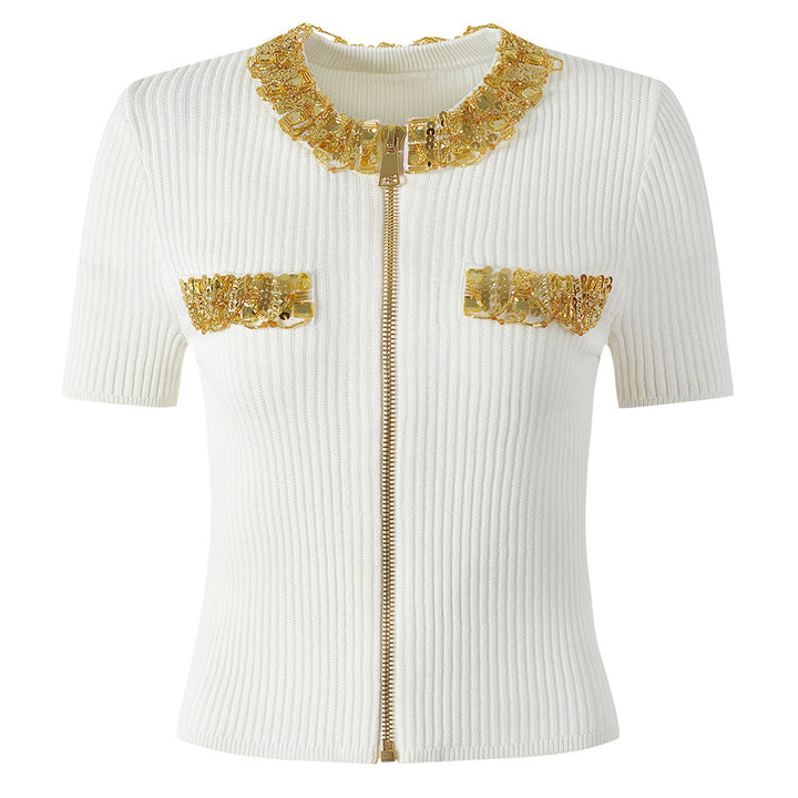 short-sleeve knit blouse with jeweled neckline – AURAXI