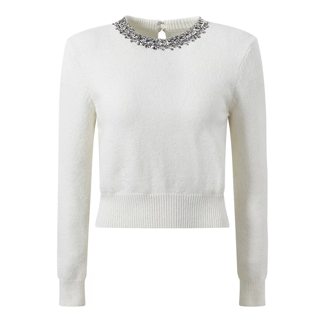 بلوزة محبوكة بأكمام طويلة وفتحة رقبة من الكريستال – دالياب