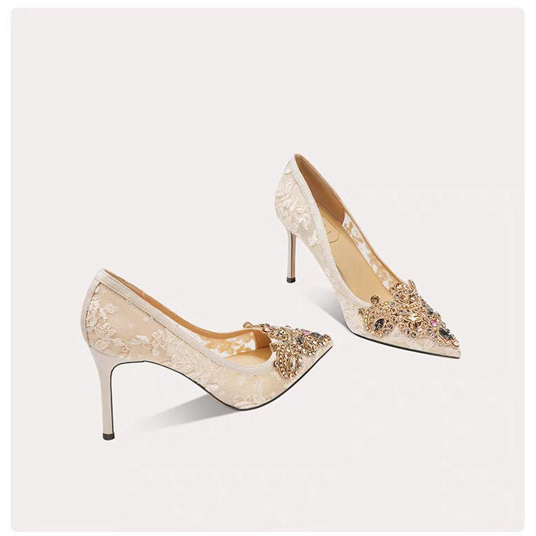 lace stiletto heels with embellished pointed toe – AMASATI
