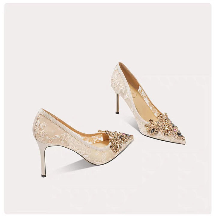 lace stiletto heels with embellished pointed toe – AMASATI
