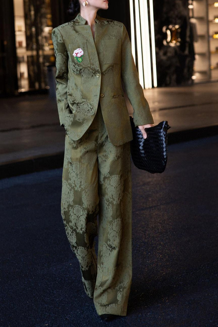 brocade tailored pantsuit with floral patch – VERDANA