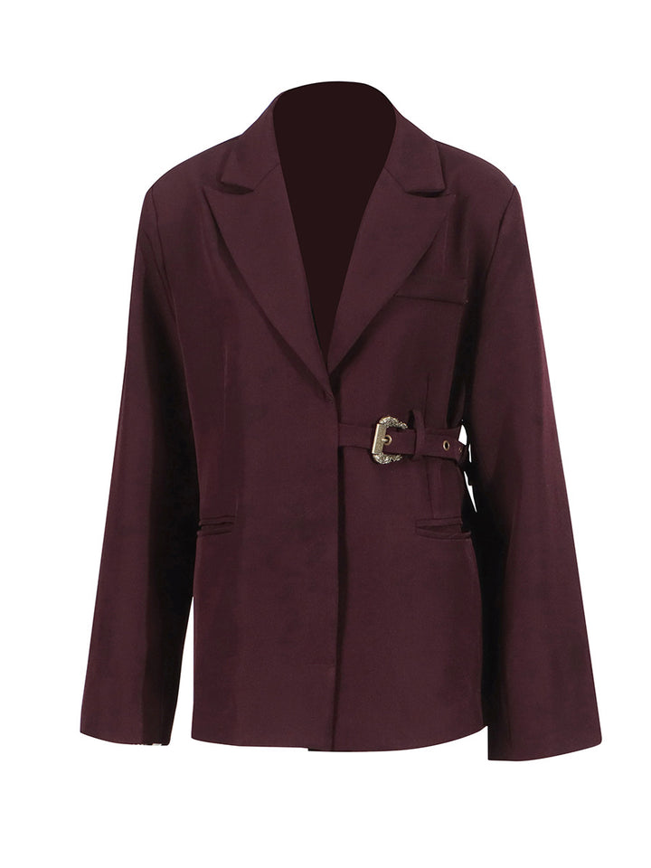 tailored buckle-waist blazer with slim sleeves – MERLOT